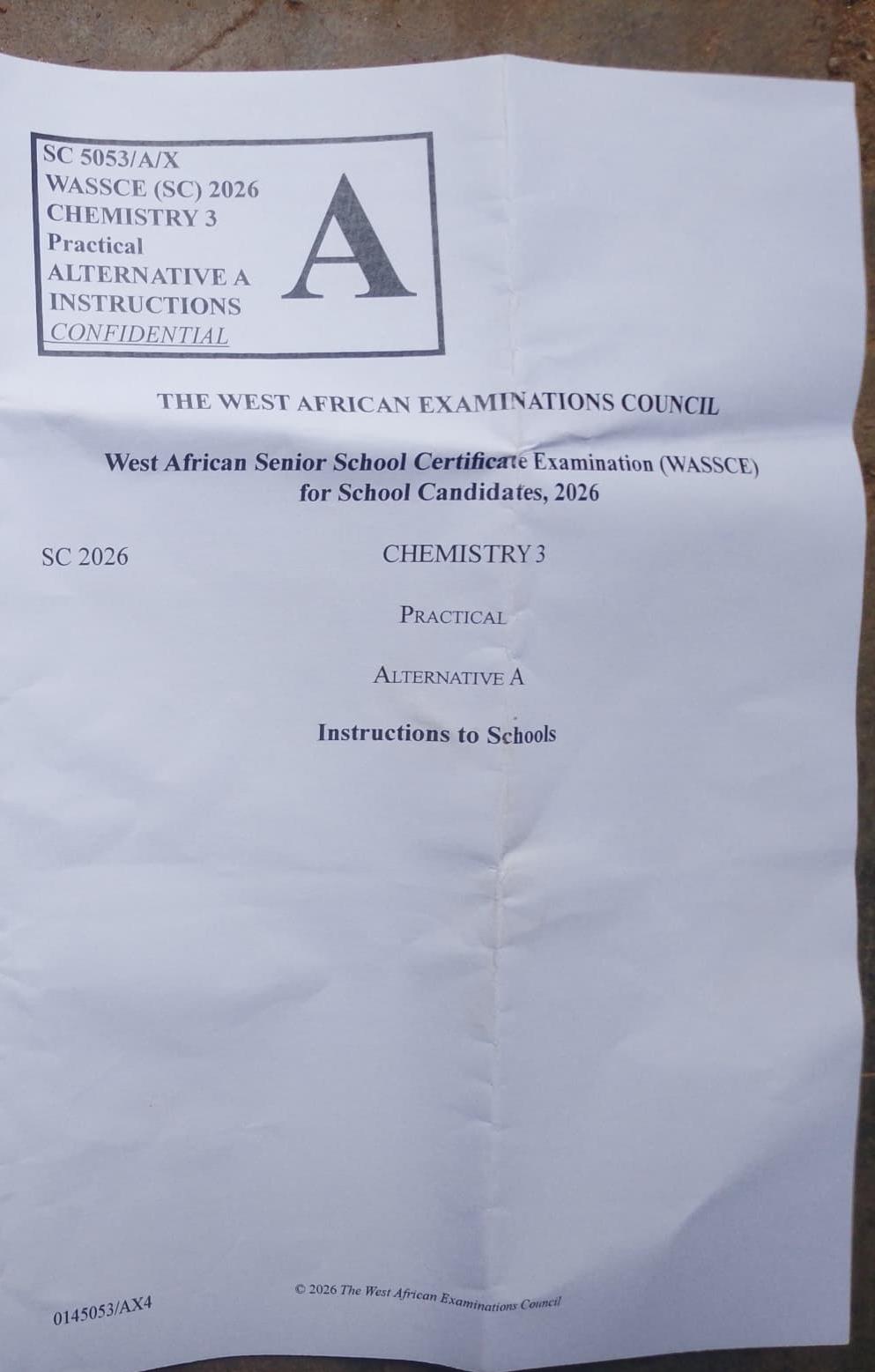 2026 WAEC CHEMISTRY SPECIMEN PRACTICAL